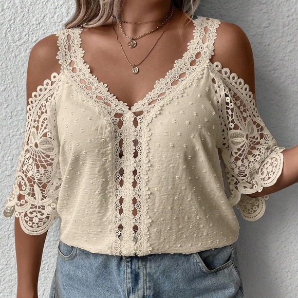 Boho Swiss Dot Lace Cold Shoulder Blouse - Picture 2 of 5